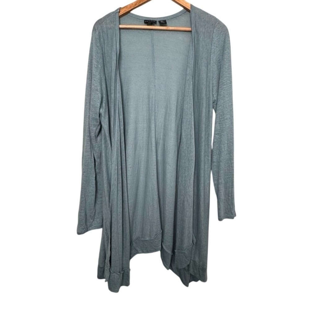 TAHARI Light Blue Asymmetrical Hem Open Front 100% Linen Long Cardigan Size‎ L